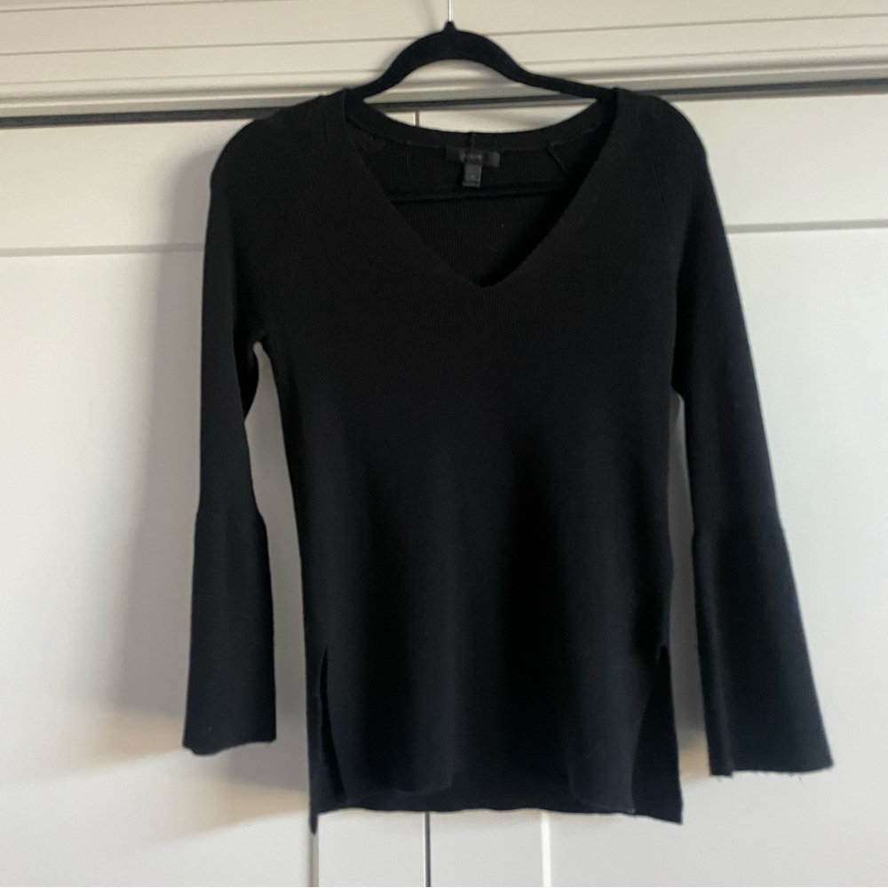 J. Crew wool black v neck sweater with flared sleeves